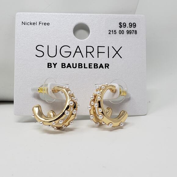 NWT Sugarfix by Baublebar 2 Pack Gold-Tone Earrings Faux Pearl Zig-Zag Hoop - Picture 2 of 9